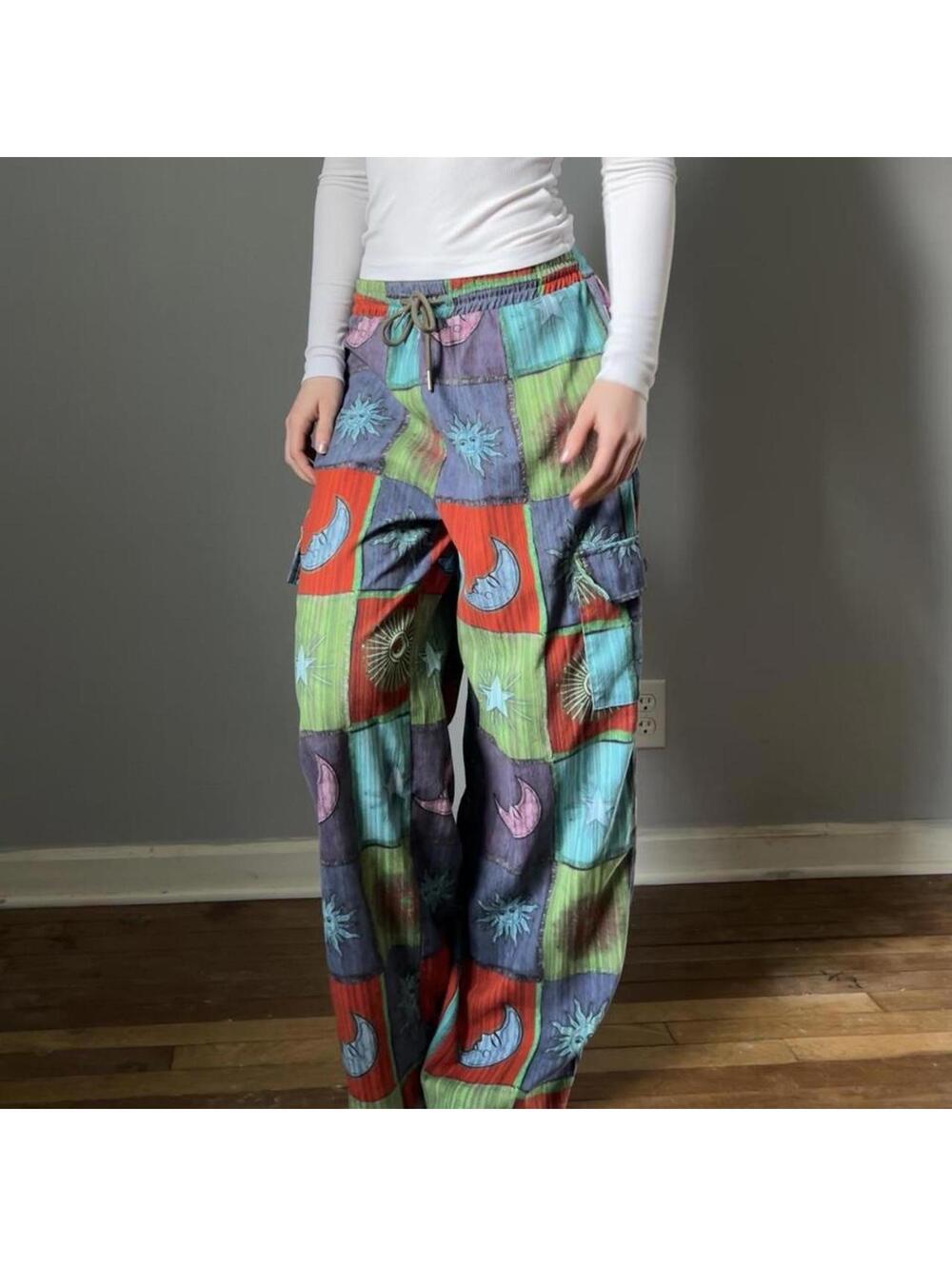 ROMWE Multicolor Patchwork Moon & Star Wide-Leg Pants